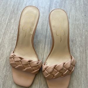 Tan braided sandal with kitten heel